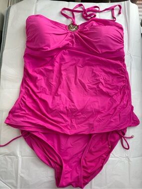 Michael Kors 16W Vibrant Pink Halter/Strapless Tankini with Gold MK Accent Swim